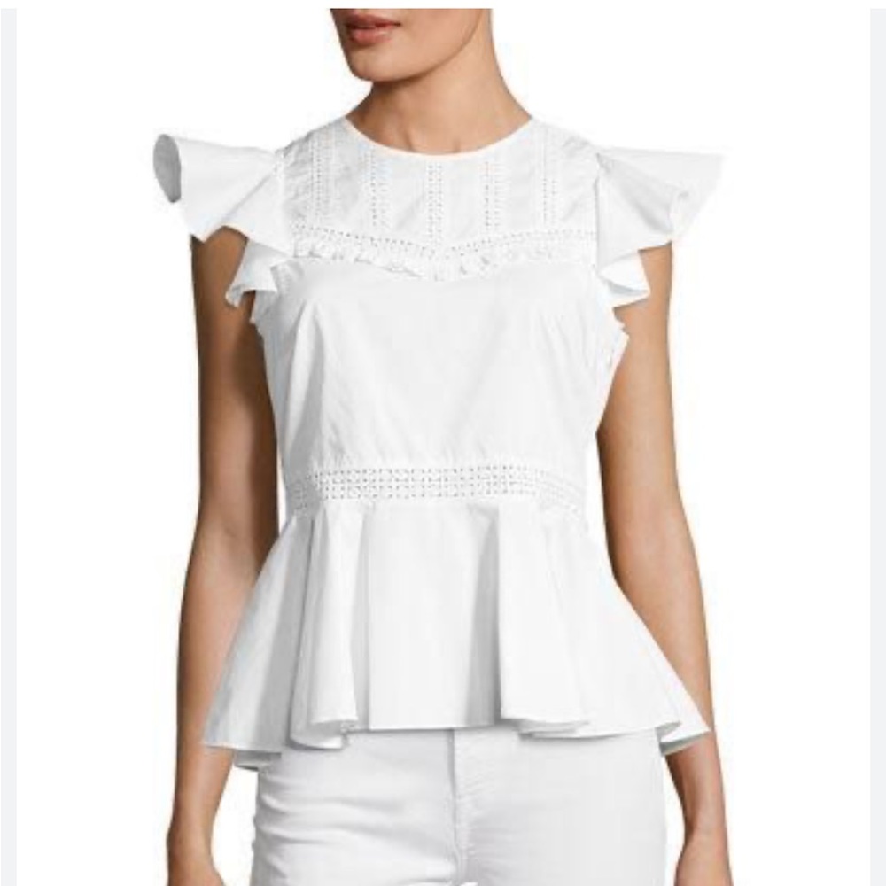 REBECCA MINKOFF Betty White Cotton Embroidered Flutter Sleeve Peplum Top EUC
